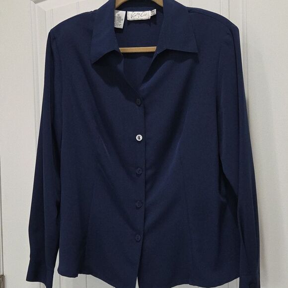 Kathy Che Vintage Navy Blue Blouse, With Shoulder Pads, Size 12 - Picture 1 of 4
